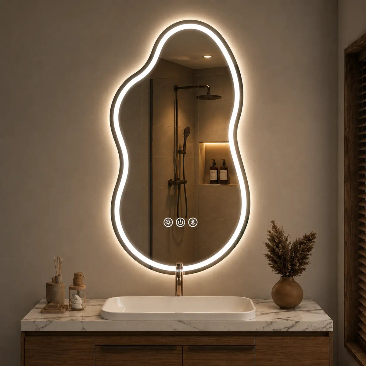 Designer wall mirror with LED light and irregular shape for modern bathroom interiors