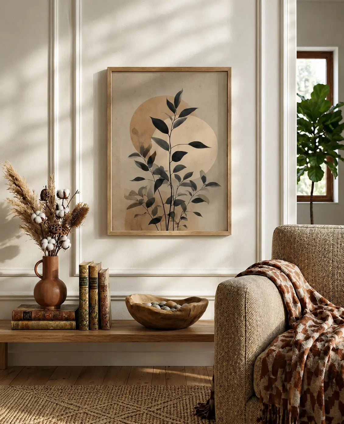 Leaf wall art featuring dark botanical branches layered over warm beige circles in a wooden frame by Decorsz Pakistan.