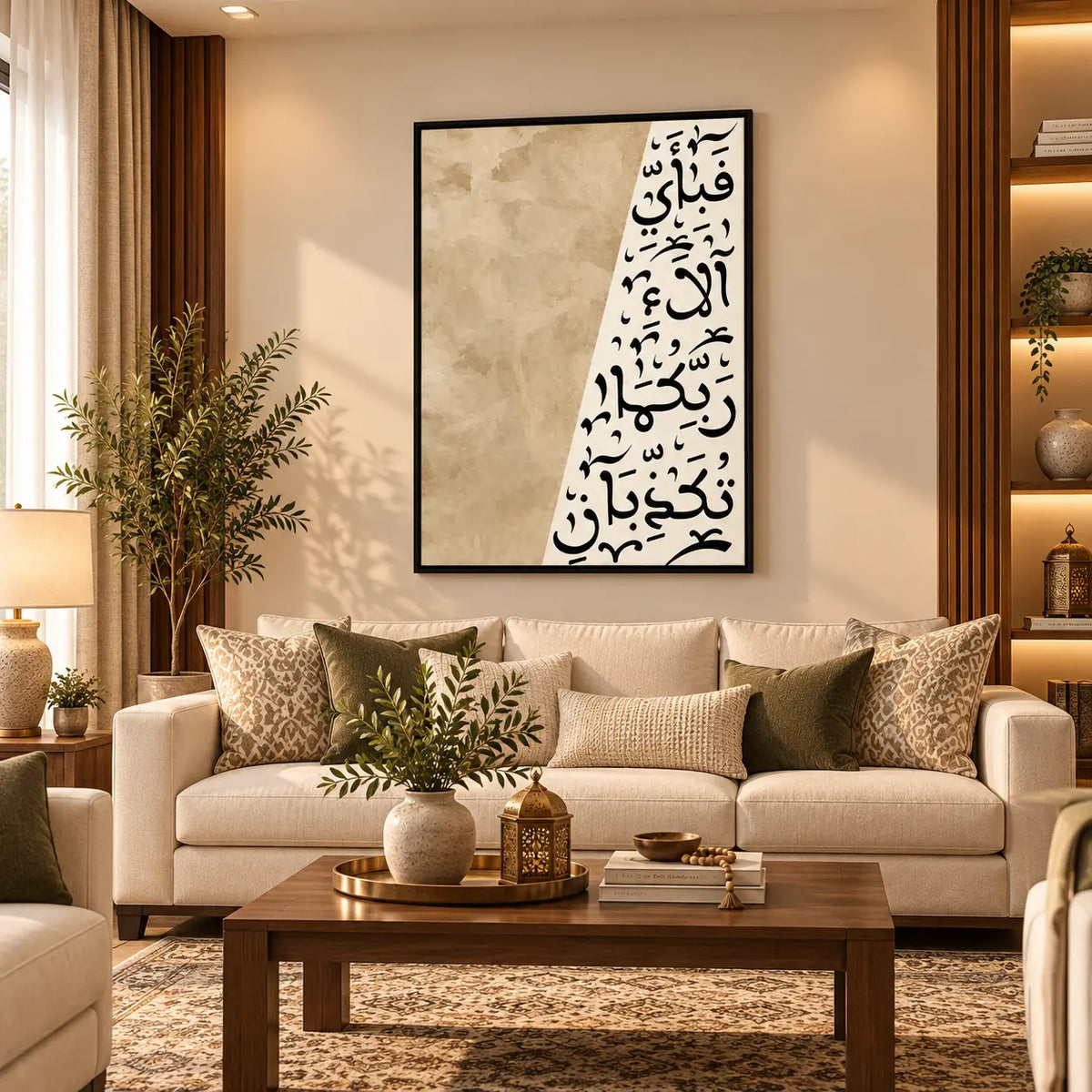 Modern Islamic wall art featuring Fabi Ayyi Ala'i Rabbikuma Tukazziban Arabic calligraphy in a neutral split design styled above a living room sofa.