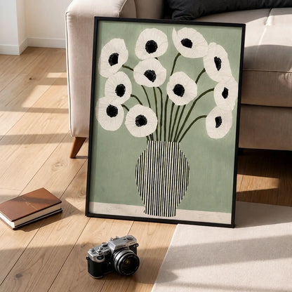 loral wall art featuring white botanical flowers on a muted green background in a modern frame by Decorsz Pakistan.
