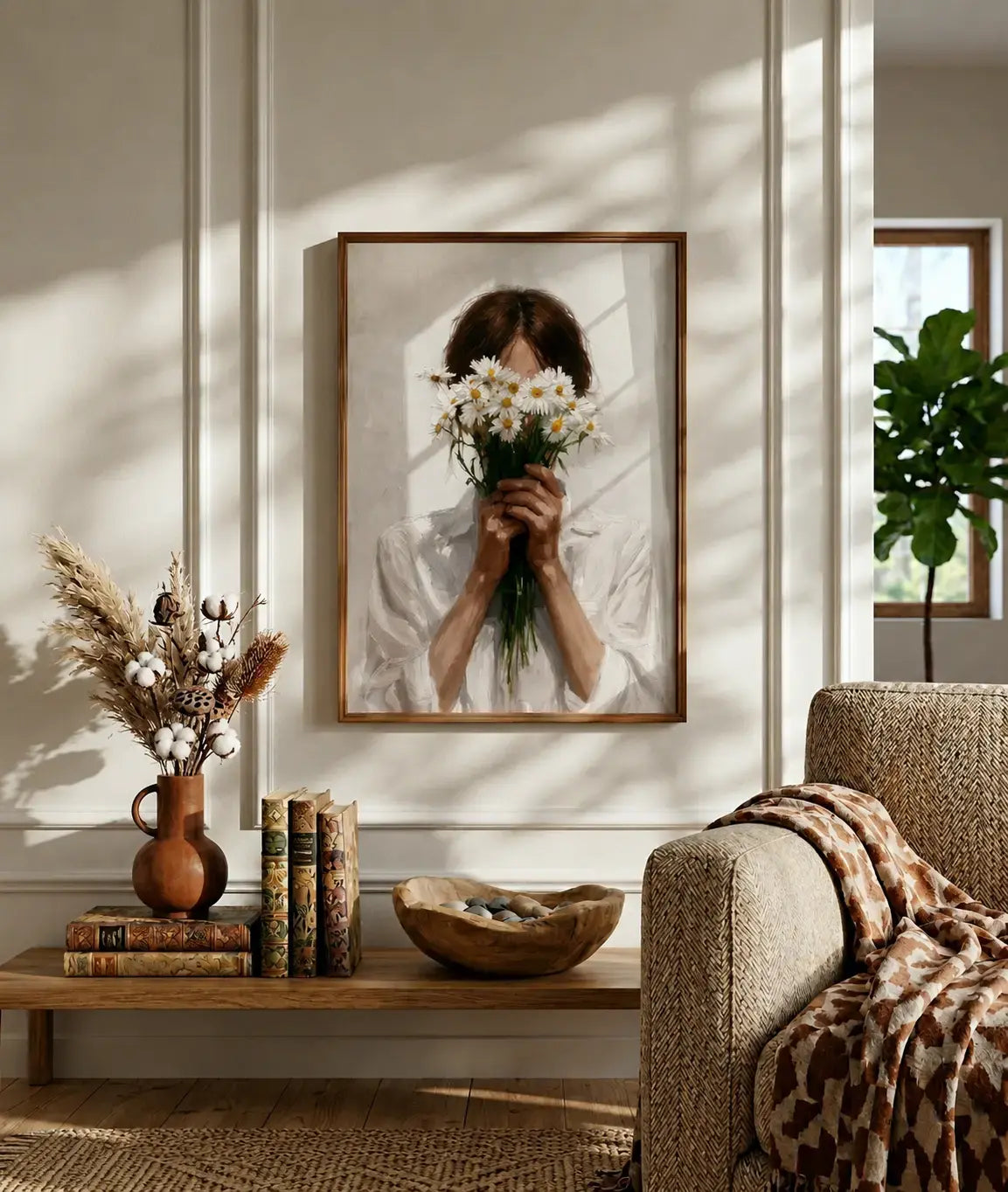 Minimal floral wall art on canvas featuring a large stylized flower with fine black line details and warm neutral tones, designed for modern interiors.
