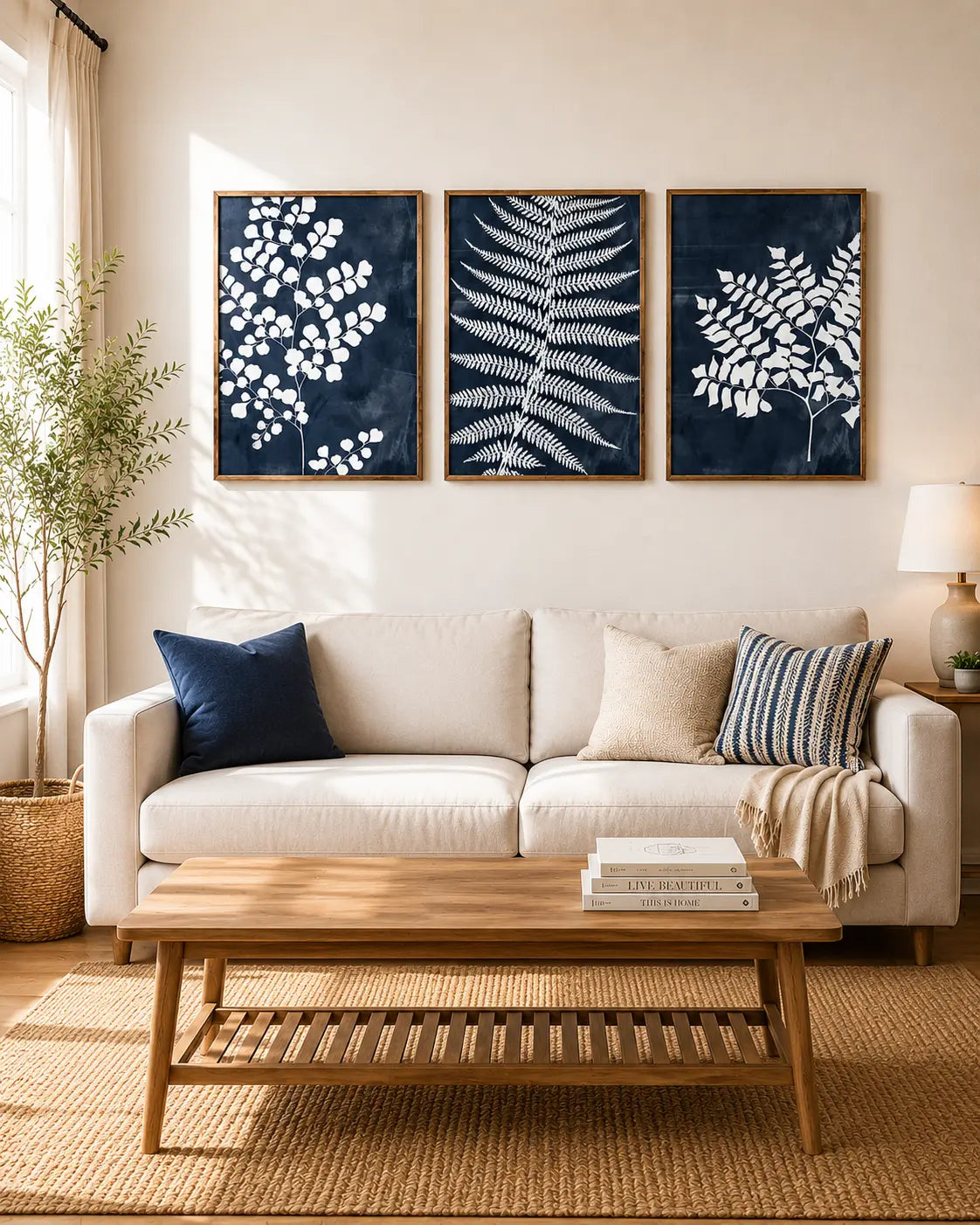 Floral wall art set of 3 with botanical framed panels above a Sofa living room.