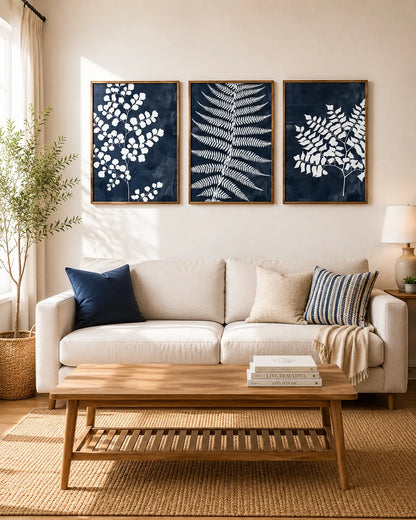Floral wall art set of 3 with botanical framed panels above a Sofa living room.