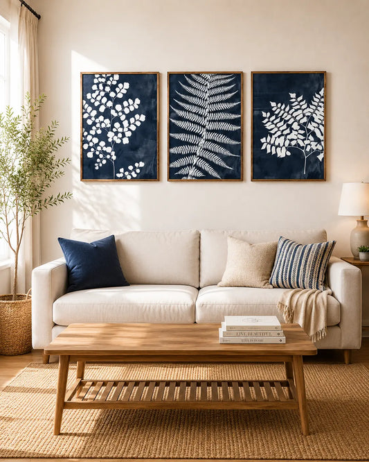 Floral wall art set of 3 with botanical framed panels above a Sofa living room.