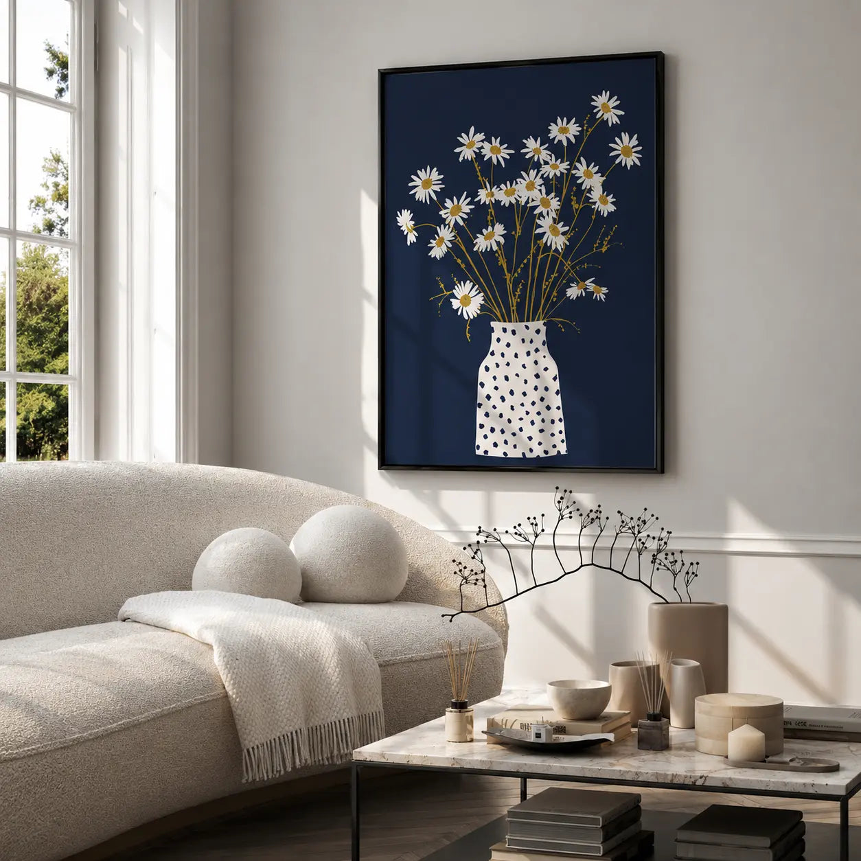 Flower vase wall art featuring white daisies in a patterned navy vase in a wooden frame by Decorsz Pakistan.