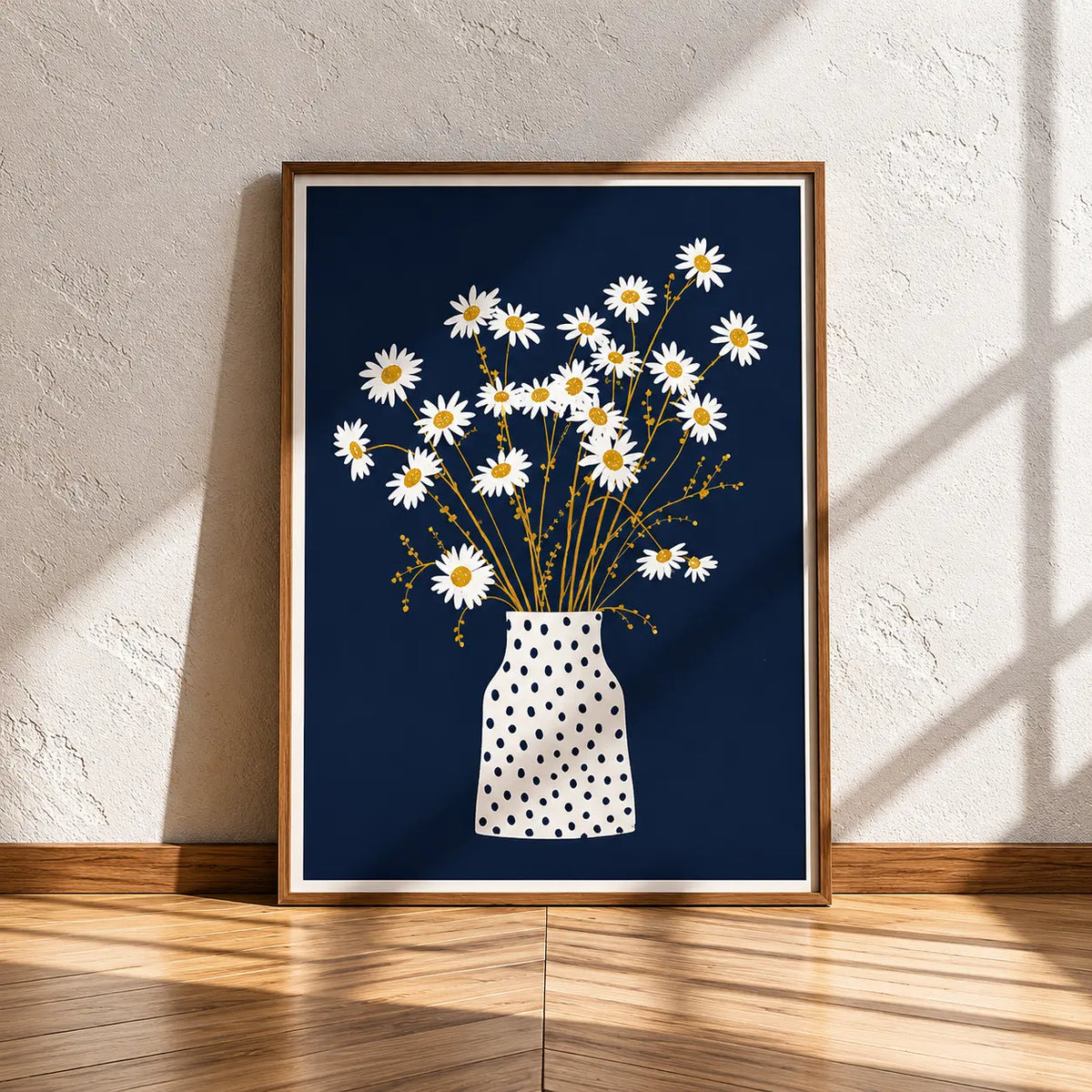 Flower vase wall art featuring white daisy flowers arranged in a patterned vase against a rich navy background with a natural wooden frame.