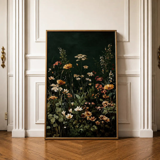 dark Flower wall art featuring warm yellow botanical branches in a wooden frame