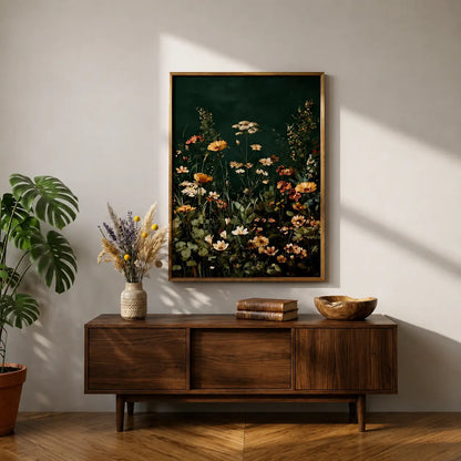 Dark Flower wall art featuring warm botanical branches in a wooden frame by Decorsz Pakistan.