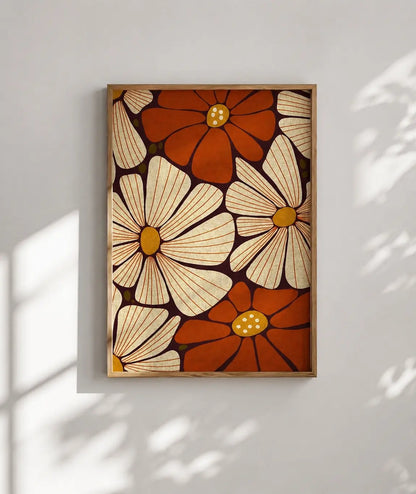 Flower wall art decor featuring vintage floral artwork in warm orange and cream tones in a wooden frame by Decorsz Pakistan.