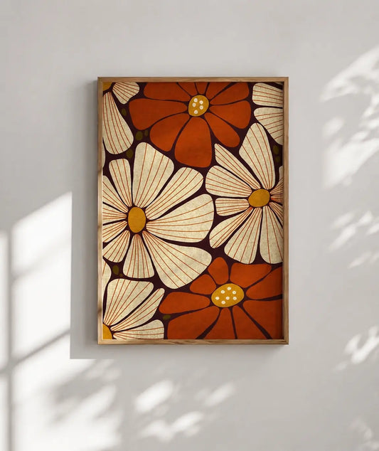 Flower wall art decor featuring vintage floral artwork in warm orange and cream tones in a wooden frame by Decorsz Pakistan.