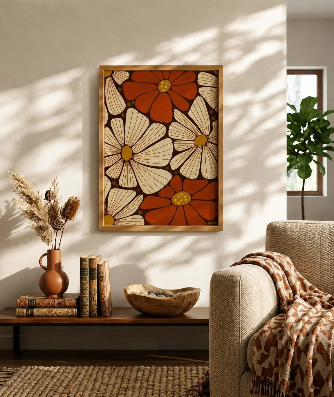 Vintage floral flower wall art decor in a wooden frame, featuring warm orange, cream and earthy tones for elegant living room and bedroom interiors.