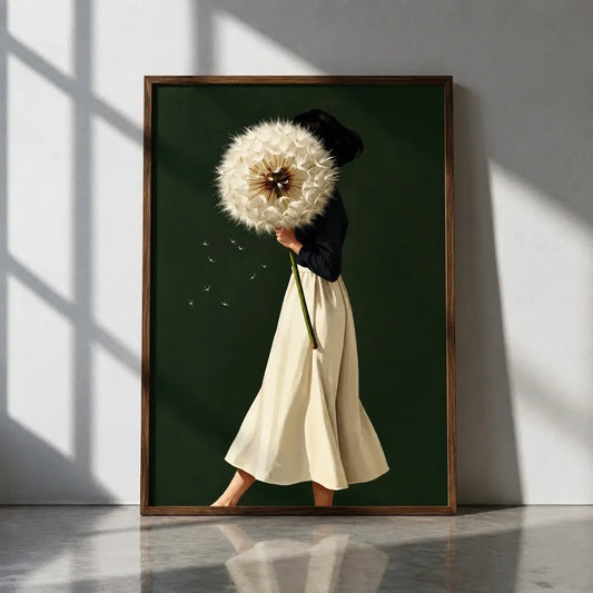 Modern flower wall art painting featuring a large white dandelion held by a woman against a deep green background, presented in a wooden frame for elegant interior styling.