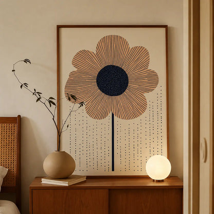 Framed floral art featuring a minimalist line-art flower on warm beige background in a wooden frame by Decorsz Pakistan