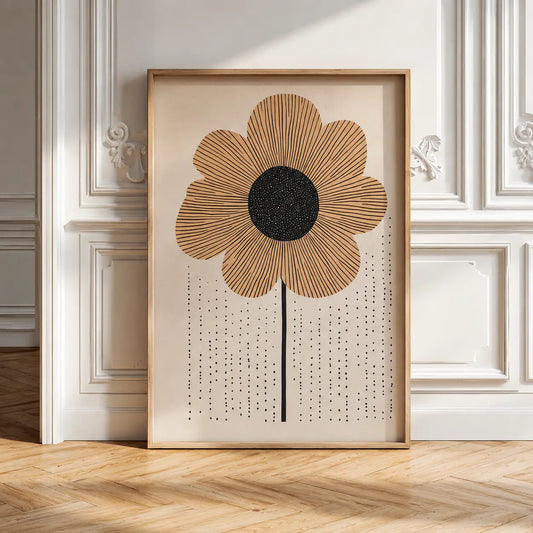 Minimal framed floral art featuring a large warm-toned flower with fine black line detailing on a neutral background, styled for modern interiors.
