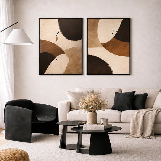Framed wall art set of 2 featuring luxury abstract wall decor for living room with premium neutral artwork by Decorsz Pakistan.