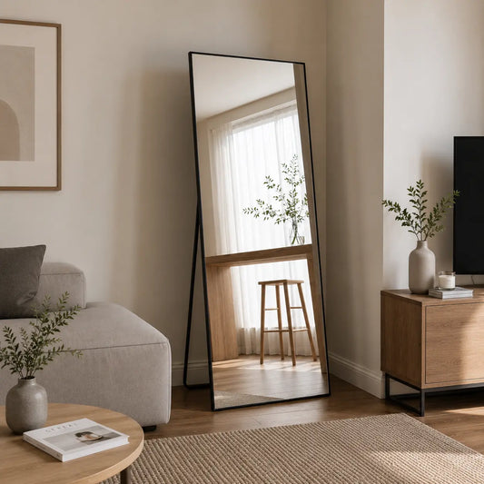 Full length standing mirror with black frame for modern living room
