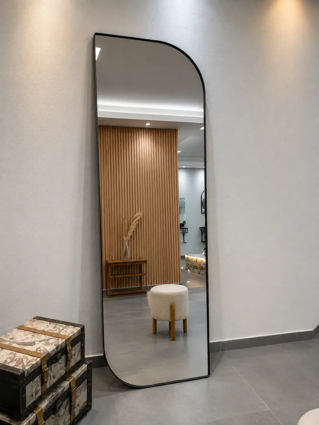 Arch full length mirror with black frame for modern bedroom