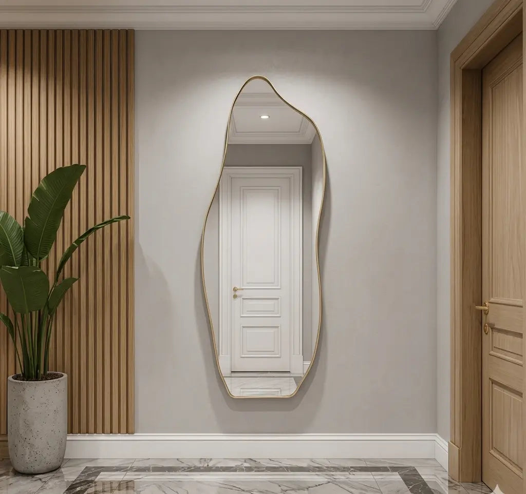 Full-length asymmetrical wall mirror with a sleek thin gold frame, mounted in a modern minimalist entryway hallway