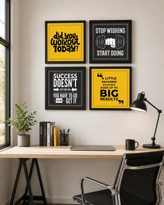 Inspirational wall frames with motivational quotes in black and yellow