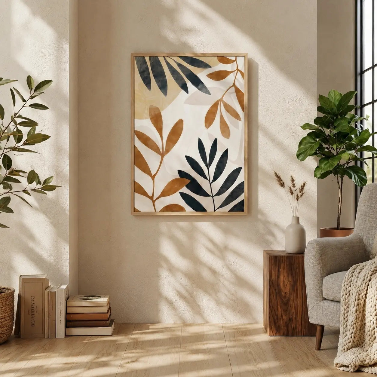 Leaves wall art featuring black and earthy brown botanical leaf branches on a neutral beige background in a wooden frame by Decorsz Pakistan.