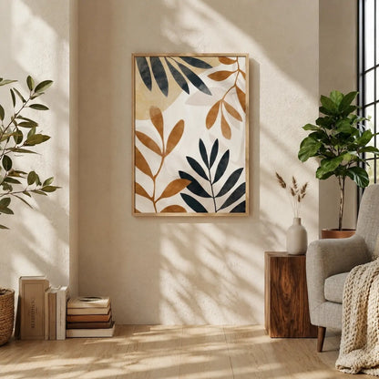 Leaves wall art featuring black and earthy brown botanical leaf branches on a neutral beige background in a wooden frame by Decorsz Pakistan.