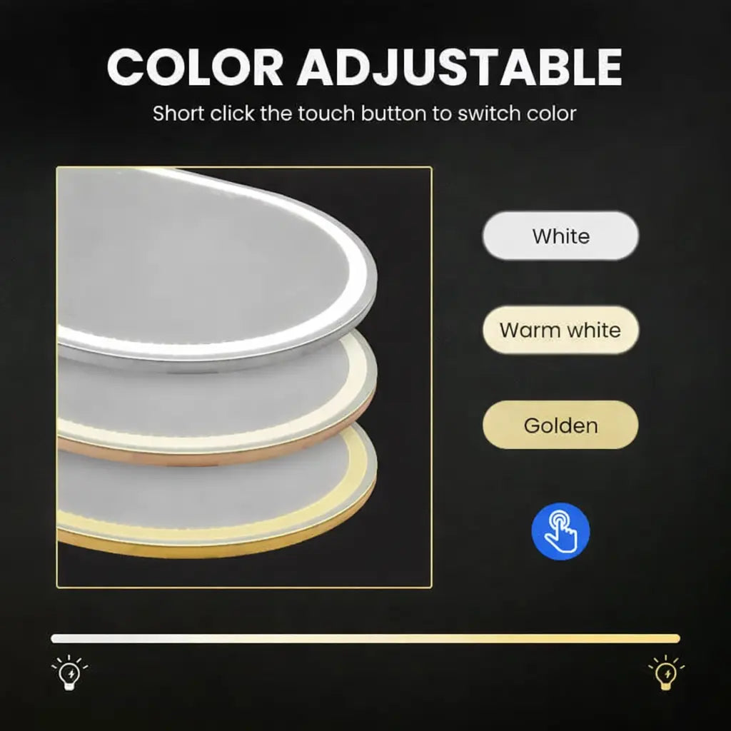 Infographic showing three adjustable LED mirror light colors: Cool White, Warm White, and Golden, with smart touch button control and brightness dimming slider