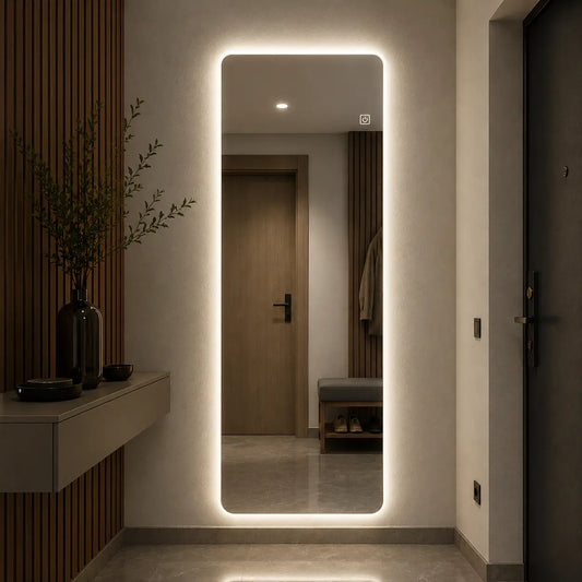 Backlit LED mirror for modern hallway and entryway interior