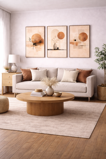 living room wall art decor with warm abstract framed panels above sofa wall