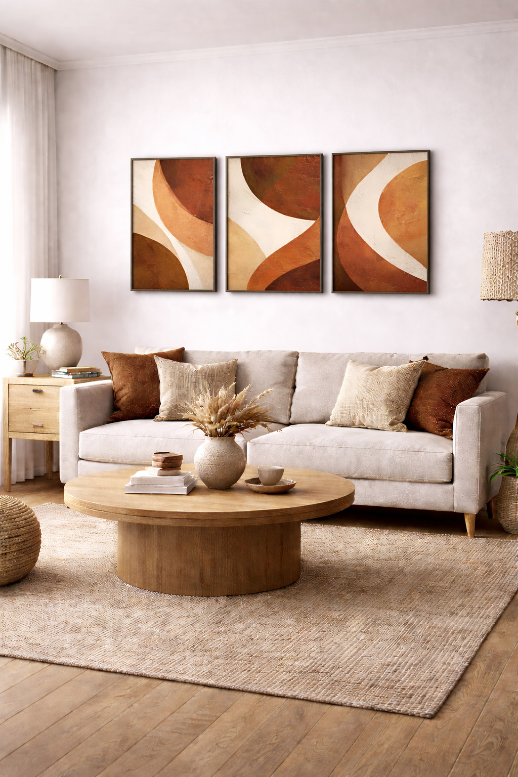 living room wall design with abstract set of 3 frames above sofa wall