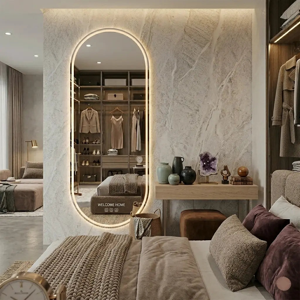Luxury full-length oval standing LED mirror with warm ambient backlighting in a modern minimalist bedroom dressing area layout
