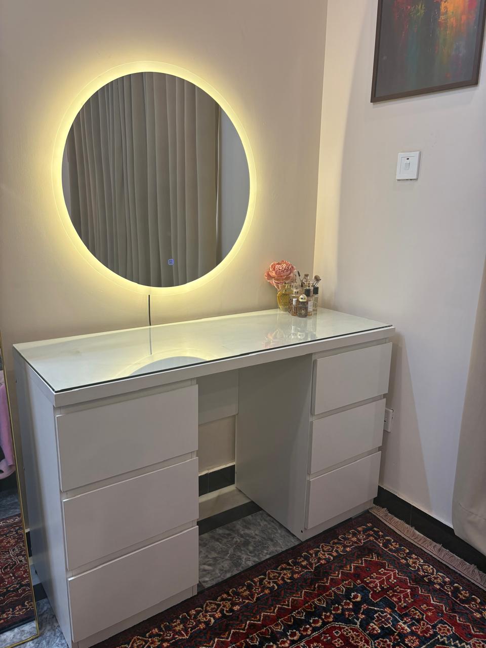 luxury dressing table round mirror with floating shelf and soft led wall lighting