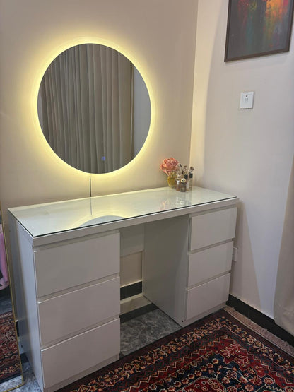luxury dressing table round mirror with floating shelf and soft led wall lighting