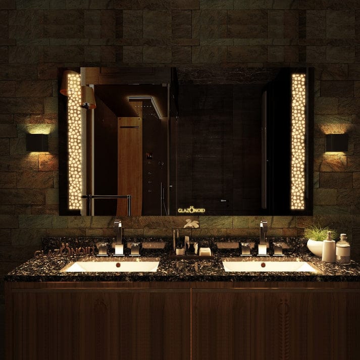 luxury rectangular vanity mirror with vertical led side lights above double sink