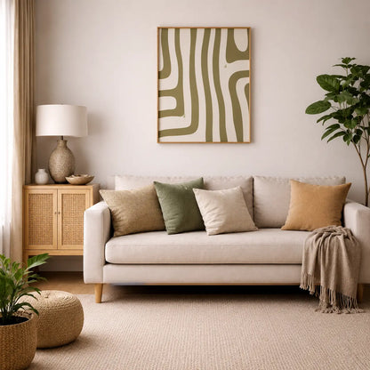 Minimalist wall art with bold abstract line design in olive green for modern home decoration and Scandinavian living room décor.
