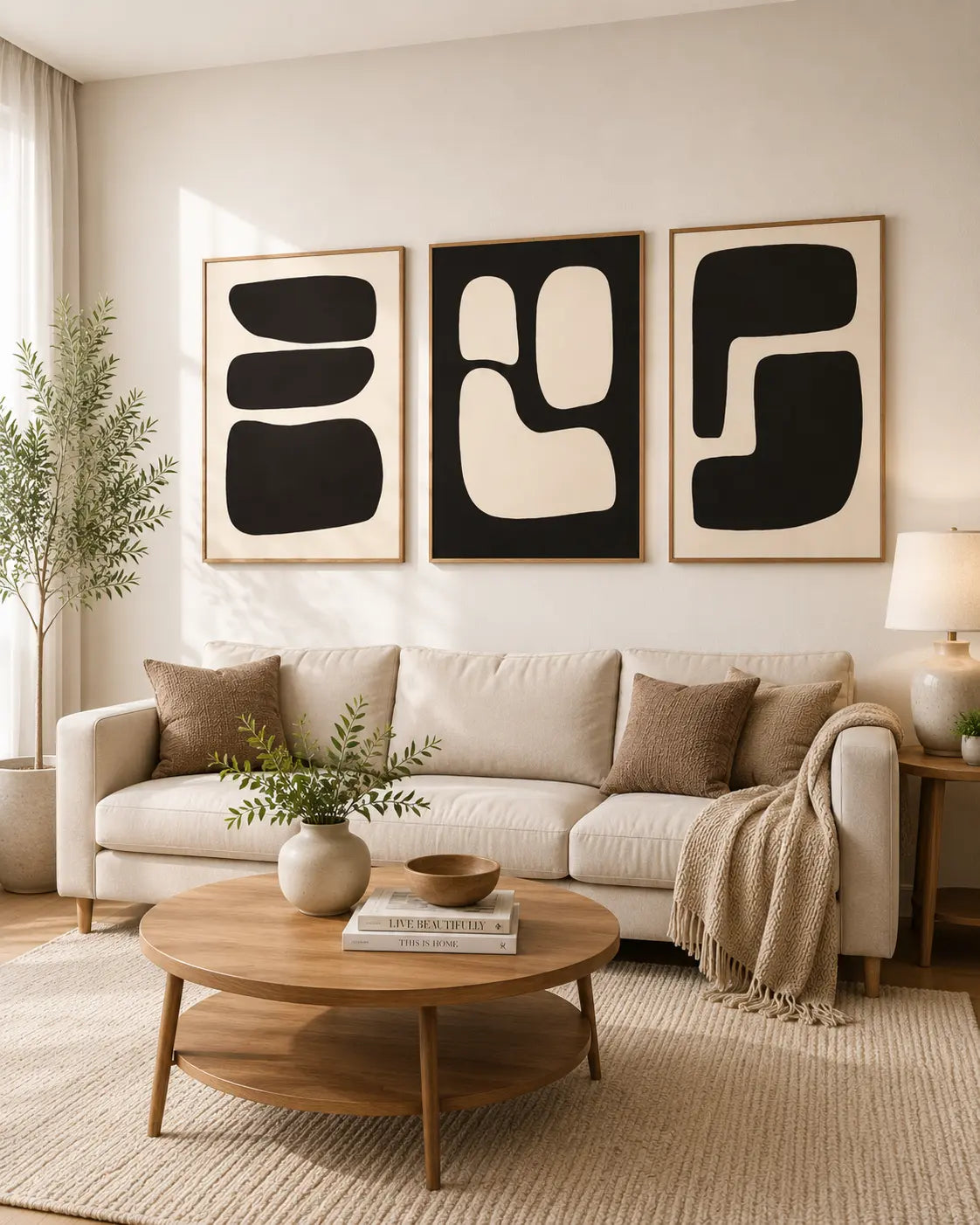 Minimalist wall art set of 3 with black abstract shapes above a modern sofas