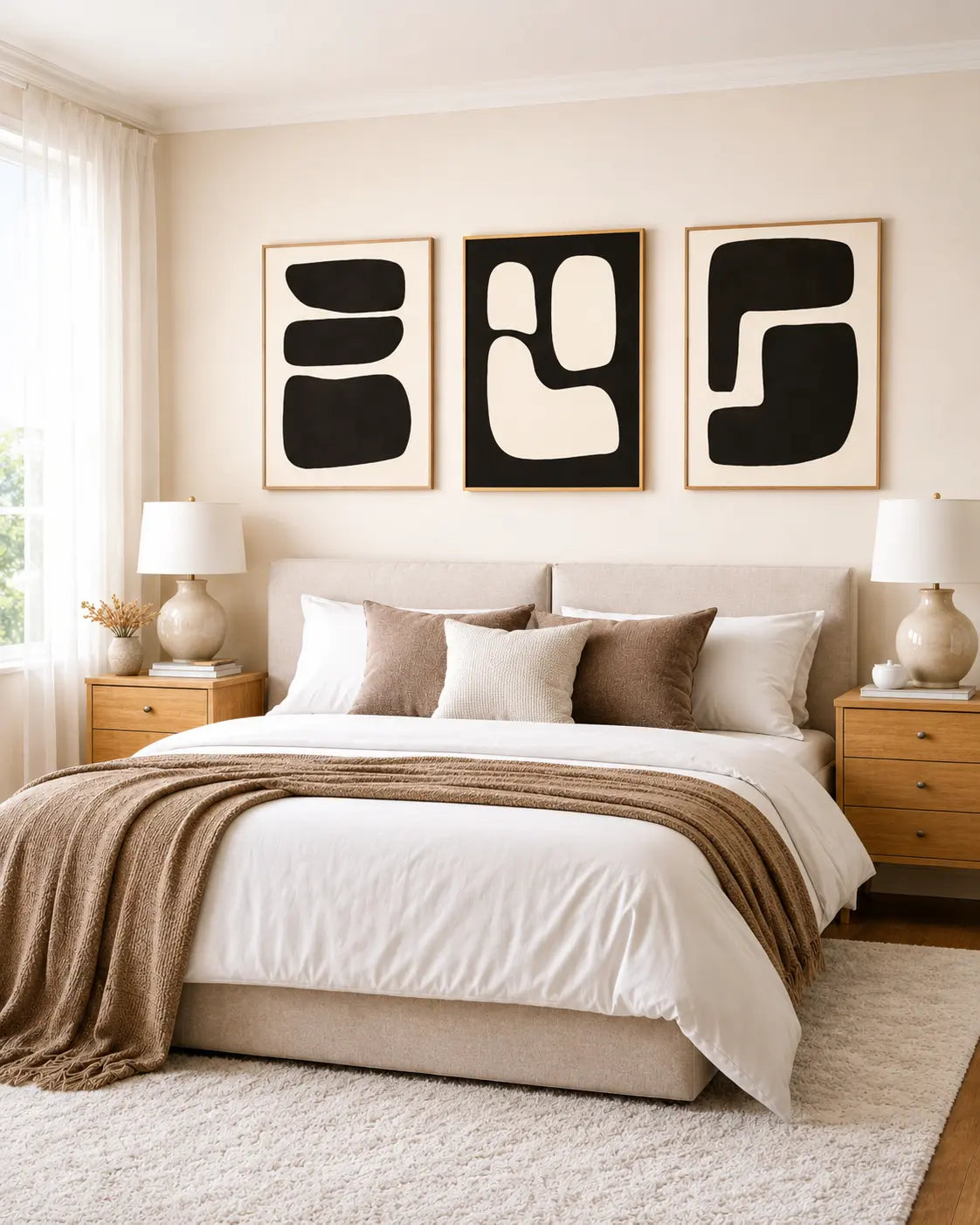 : Minimalist wall art set of 3 featuring modern black organic shapes on warm beige backdrops above a bedroom bed frame by Decorsz Pakistan.