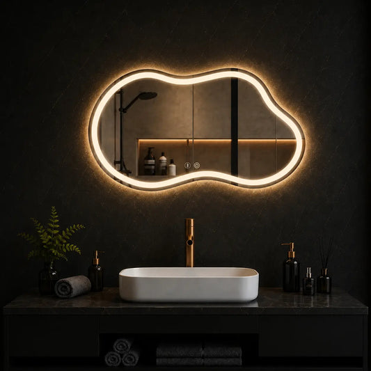 Modern decorative irregular mirror with LED illumination installed above a contemporary bathroom vanity.