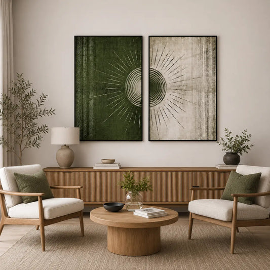 Modern framed wall art for living room featuring abstract sunburst artwork with premium wall frames design by Decorsz Pakistan.