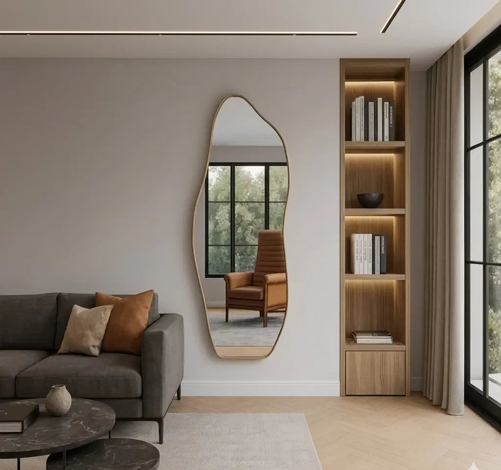 An irregular-shaped vertical wall mirror with a luxury slim gold metallic border, styled in a contemporary living room bedroom