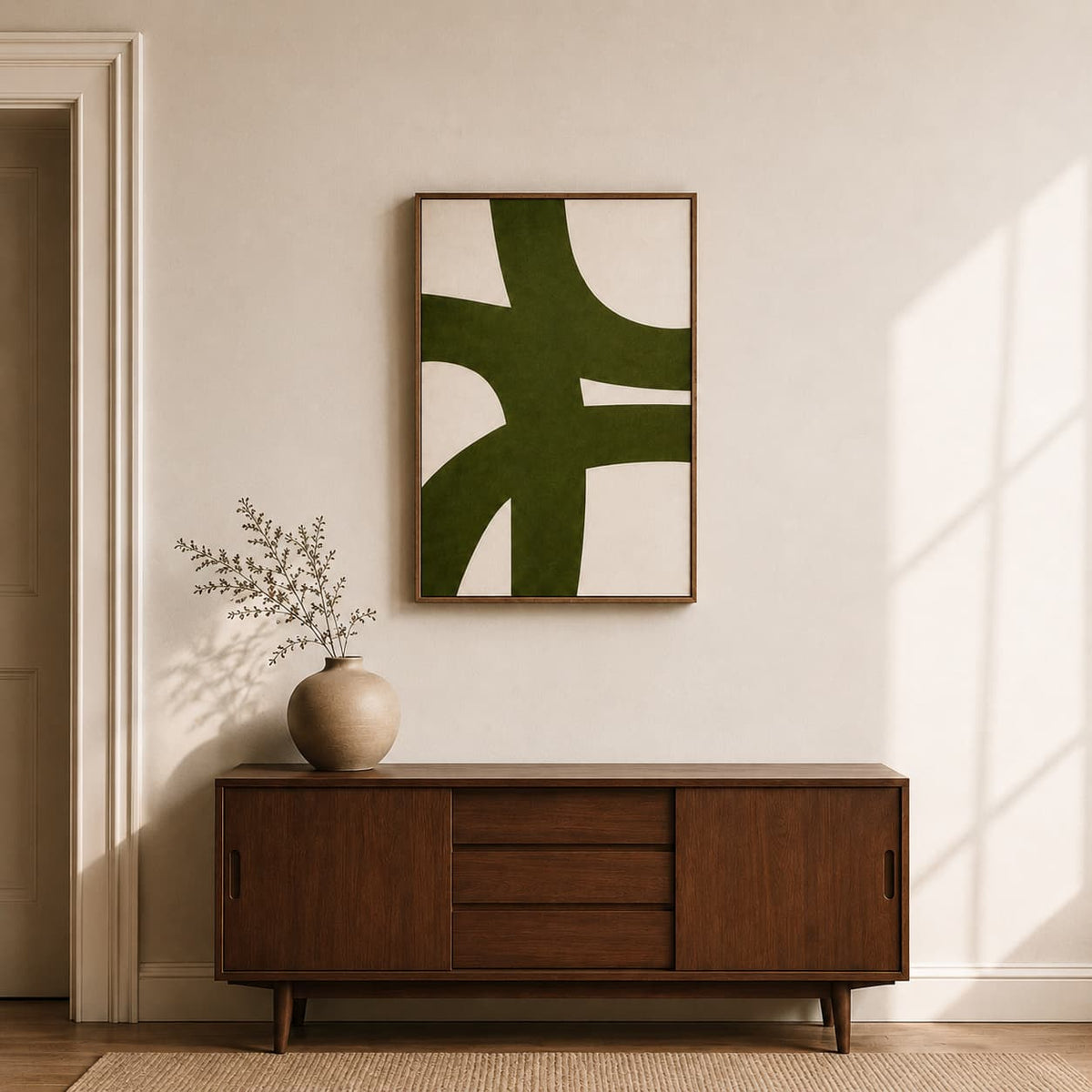 Modern Wall Art Design for Living Room featuring oversized green abstract shapes for home decoration in contemporary minimalist interiors.