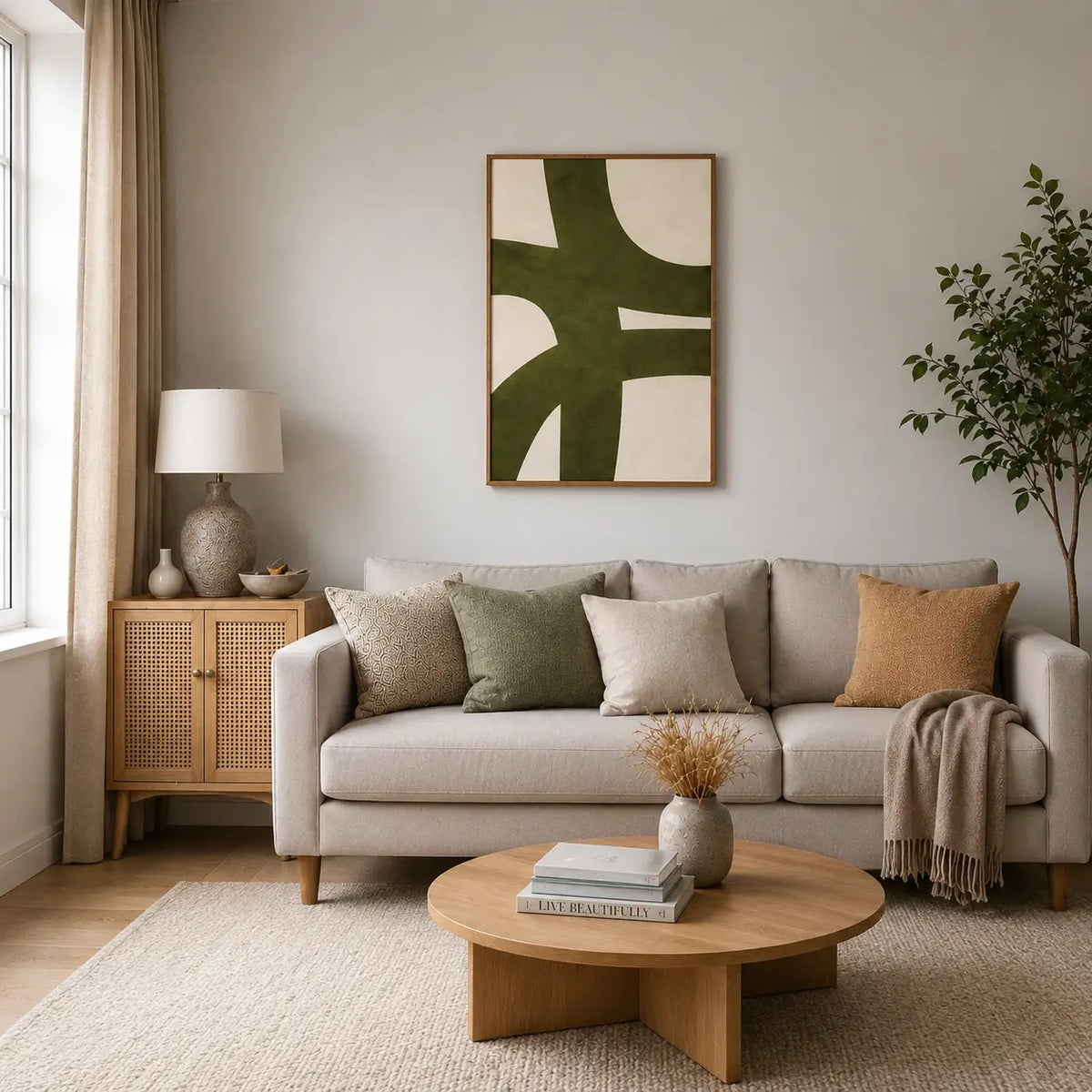 Modern Wall Art Design for Living Room featuring oversized green abstract shapes for home decoration in contemporary minimalist interiors.