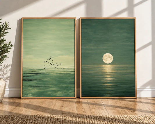 Modern wall frames featuring Green landscape art set of 2 with calming botanical-inspired abstract artwork for living room by Decorsz Pakistan.