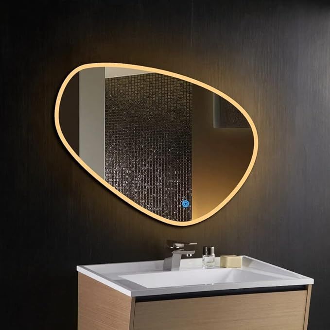 modern freeform led bathroom mirror with warm light border above vanity sink