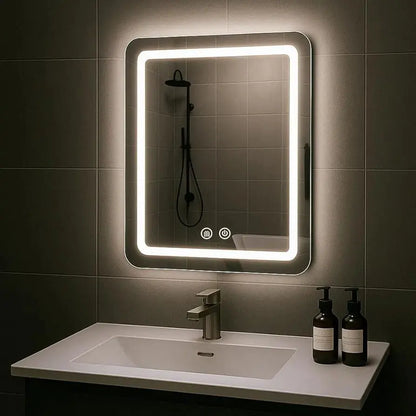 modern led mirror with rounded rectangular illuminated frame for bathroom wall
