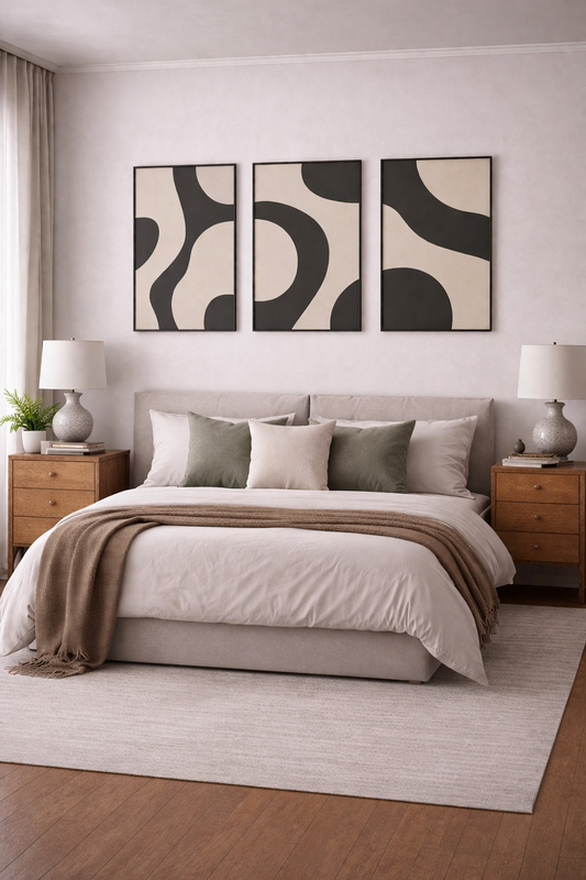 modern room decor with monochrome abstract framed panels above bedroom wall