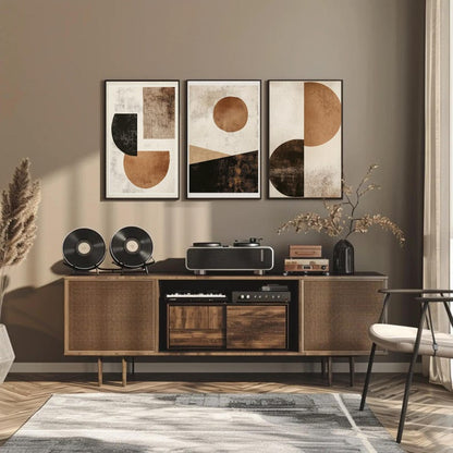office design wall with premium abstract set of 3 frames above console