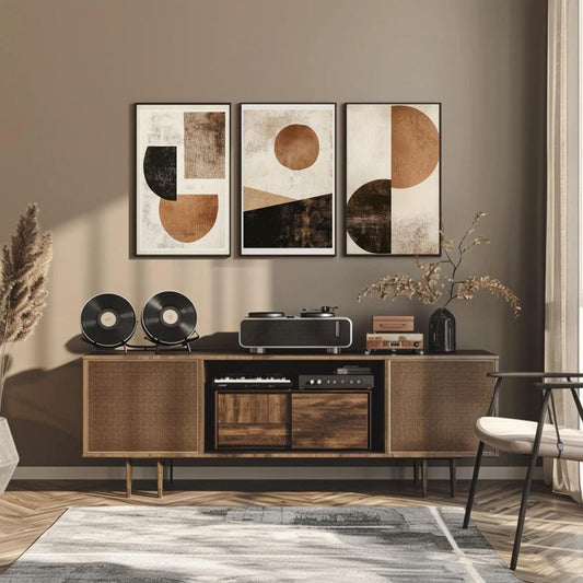office design wall with premium abstract set of 3 frames above console