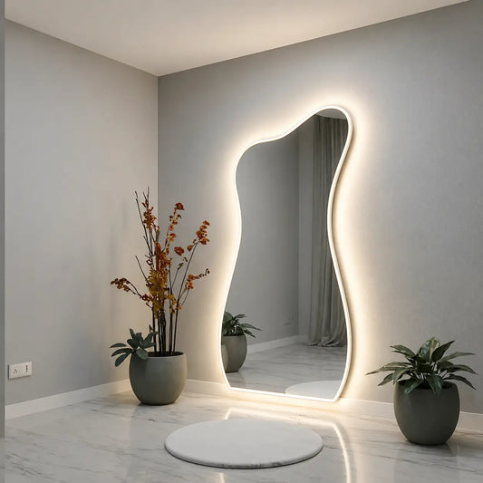 Organic backlit LED mirror with full-length reflection for modern bedroom interior