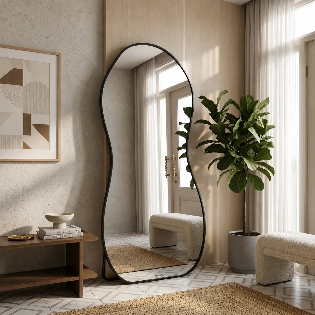 Organic standing mirror for room with irregular full-length design in modern bedroom interior