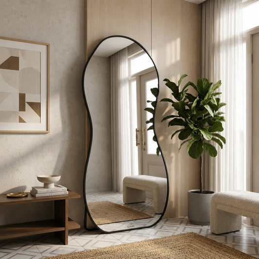 Organic standing mirror for room with irregular full-length design in modern bedroom interior